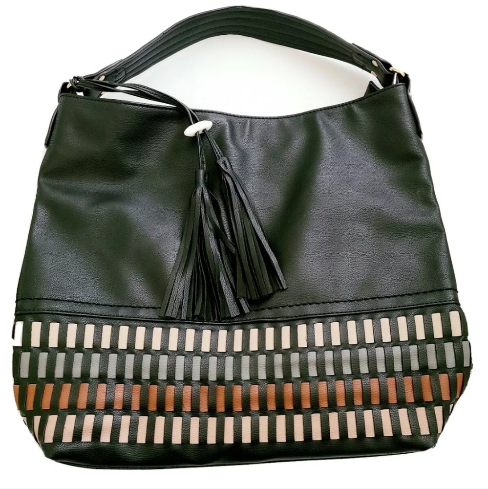 Gussaci Boho Bag Shoulder Black Cream Weave Fringe Tassel Purse Faux Leather